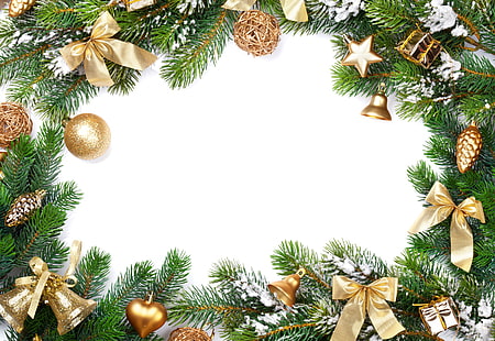 金の弓と飾りの装飾、装飾、木、新年、クリスマス、幸せ、メリークリスマス、クリスマス、ギフト、フレーム、休日のお祝い、 HDデスクトップの壁紙 HD wallpaper