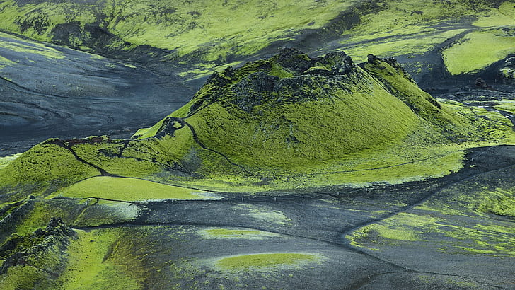 nature, landscape, grass, field, drone photo, aerial view, black sand, volcano, Lakagígar, Iceland, HD wallpaper