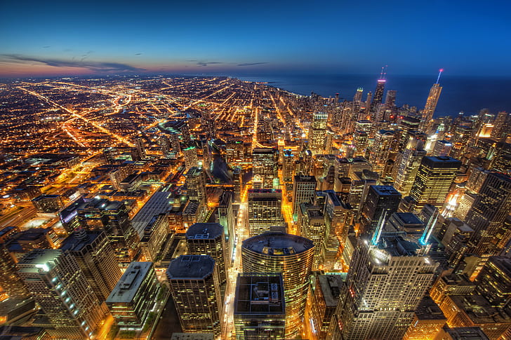 aerial photo of concrete buildings, skydeck, skydeck, City, Dusk, aerial photo, concrete, buildings, Chicago, HDR, Willis  Tower, Night, Gotham, skyscraper, cityscape, urban Skyline, architecture, famous Place, downtown District, urban Scene, tower, office Building, aerial View, asia, building Exterior, built Structure, business, illuminated, financial District, modern, HD wallpaper