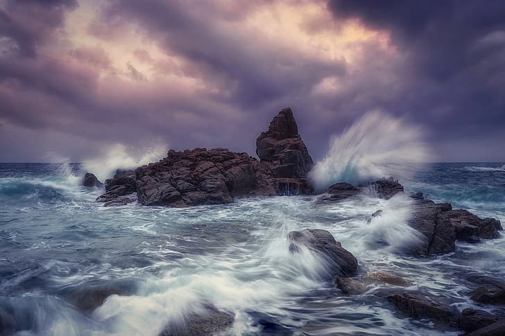 sea, wave, stones, rocks, coast, Spain, Costa Brava, HD wallpaper