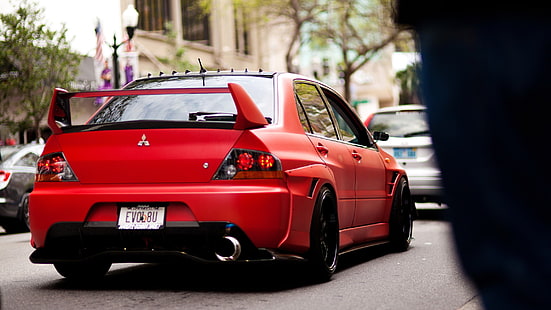 червен Mitsubishi седан, Mitsubishi, Mitsubishi Lancer, кола, превозно средство, червени автомобили, HD тапет HD wallpaper