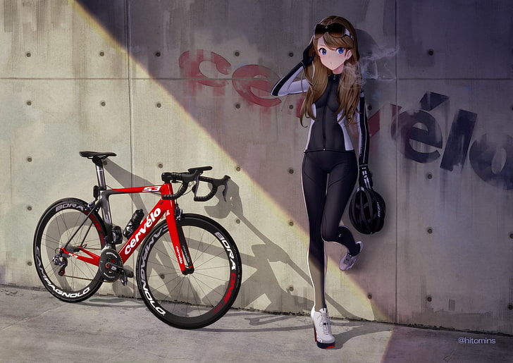 sepeda jalan merah dan hitam, anime, anime girls, sepeda, brunette, kacamata, rambut panjang, mata biru, bodysuit, Wallpaper HD