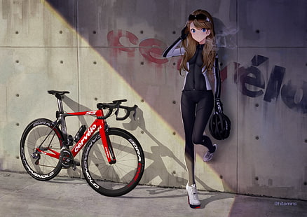 จักรยานเสือหมอบสีแดงและดำ, อะนิเมะ, สาวอะนิเมะ, จักรยาน, สีน้ำตาล, แว่นตา, ผมยาว, ตาสีฟ้า, บอดี้สูท, วอลล์เปเปอร์ HD HD wallpaper