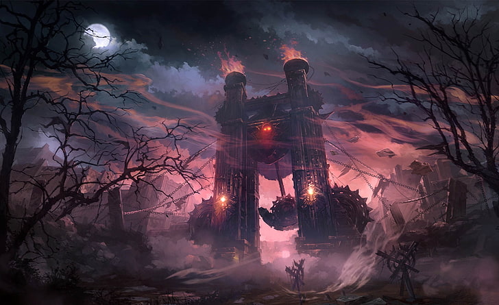 brown concrete grate tower wallpaper, trees, the moon, mechanism, arch, columns, chain, Lineage 2, gloomy, Goddes of Destruction, HD wallpaper