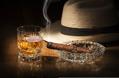 brązowe cygaro i kubek z przezroczystego szkła, szkło, dym, kapelusz, alkohol, cygaro, napój, whisky, Tapety HD HD wallpaper