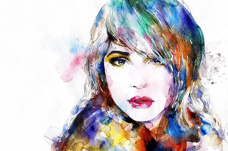 lukisan wanita, gadis, wajah, potret, cat air, berwarna-warni, Wallpaper HD