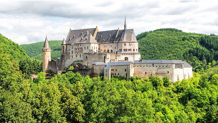 biało-szary betonowy zamek, architektura, zamek, przyroda, krajobraz, wzgórza, drzewa, las, Luksemburg, wieża, flaga, chmury, ściana, Luksemburg, Vianden, Tapety HD