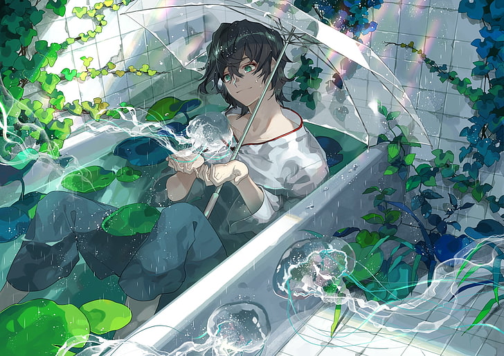 anime menino, banheira, folhas verdes, água-viva, guarda-chuva transparente, anime, HD papel de parede