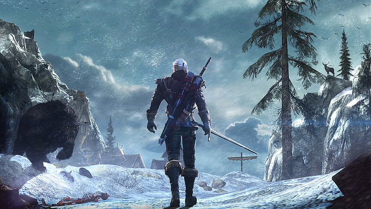 The Witcher digital wallpaper, The Witcher 3: Wild Hunt, Geralt of Rivia, looking into the distance, HD wallpaper