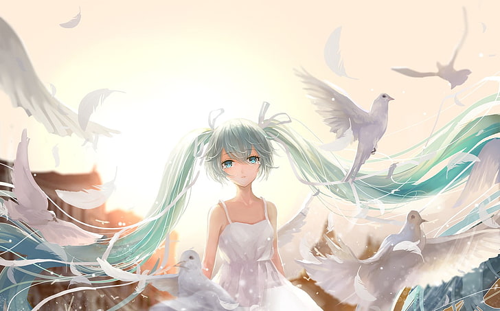 Hatsune Miku, birds, crying, HD wallpaper