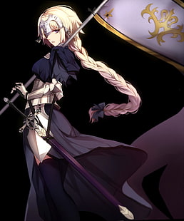 иллюстрация персонажа женского аниме, аниме, аниме девушки, Fate / Grand Order, линейка (Fate / Grand Order), Жанна д'Арк, длинные волосы, блондинка, доспехи, меч, оружие, фиолетовые глаза, HD обои HD wallpaper