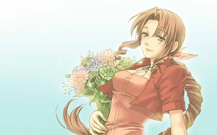 Final Fantasy Aerith Gainsborough Flowers White HD, brown long haired woman anime character, video games, fantasy, white, flowers, final, aerith, gainsborough, HD wallpaper