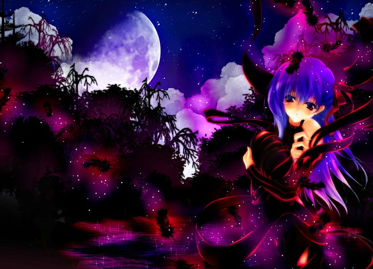 Dark Moon, red feathers, black, cute, moon, anime, dark, 3d and abstract, HD wallpaper