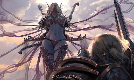 girl, sword, World of Warcraft, fantasy, game, Warcraft, armor, red eyes, men, painting, weapons, elf, digital art, bow, artwork, warrior, fantasy art, arrows, Sylvanas Windrunner, white hair, hood, thighs, Anduin Wrynn, pointed ears, WLOP, World of Warcraft: Battle for Azeroth, HD wallpaper HD wallpaper