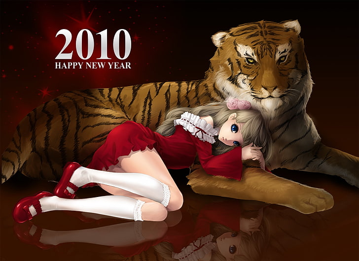 beige haired female anime character and Bengal tiger wallpaper, pixiv girls collection, girl, pose, blue eyes, tiger, HD wallpaper