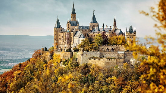city, europe, germany, baden wurttemberg, tours, tourism, middle ages, medieval architecture, historic site, baden-wurttemberg, castle, tree, building, tourist attraction, sky, hohenzollern castle, chateau, landmark, autumn, HD wallpaper HD wallpaper