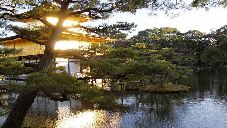 Templo de Kinkaku-ji, Japón, Kyoto, Kinkaku, santuarios, mansión, Asia, agua, árbol, sala budista, Buda, Pavilon, templo, jardín, estanque, Fondo de pantalla HD