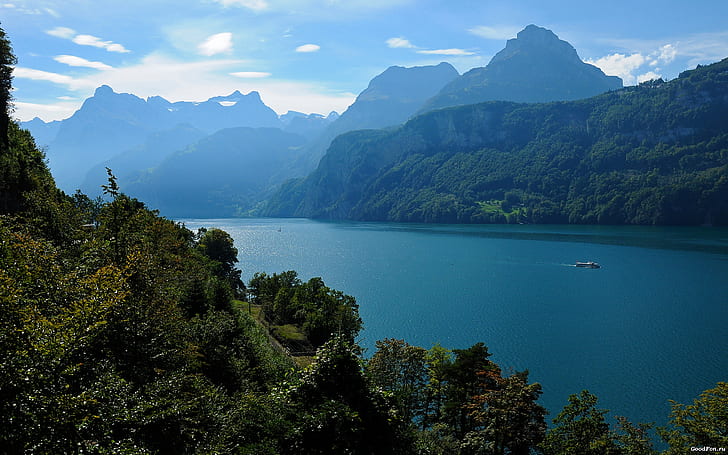 Danau Gunung Indah, musim semi, musim panas, air, pemandangan, hutan, pohon, Wallpaper HD