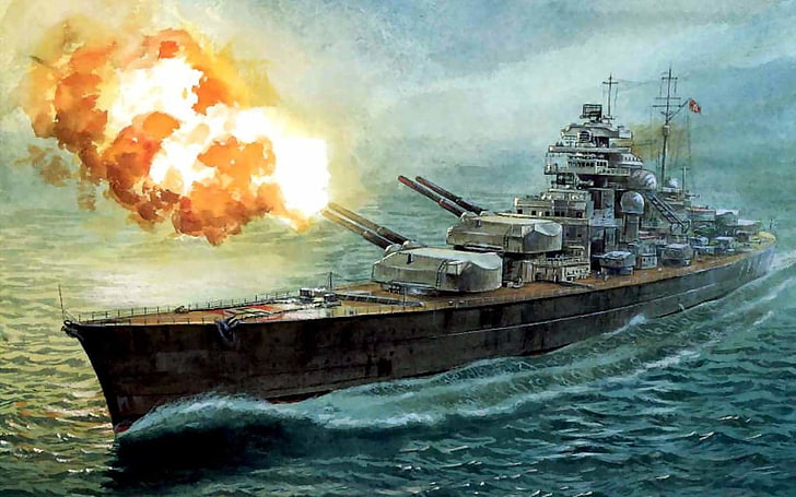 skepp med armé tank målning, krigsfartyg, tyska slagskepp Bismarck, slagskepp, HD tapet