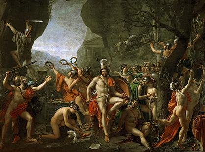 group of warriors gathering near tree painting, Paris, oil, picture, The Louvre, canvas, French artist, Leonidas at battle of Thermopylae, David Jacques-Louis, HD wallpaper HD wallpaper