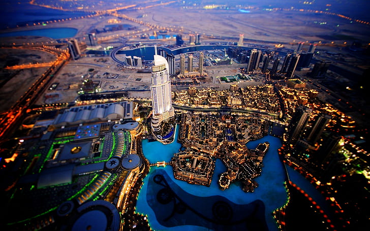 Dubai Sky View, vista aérea de la ciudad, ciudad, noche, luces, Fondo de pantalla HD