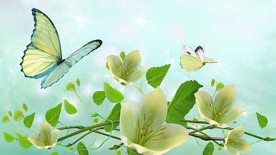 Softness de verão, persona do firefox, macio, verão, borboletas, verde, flores, pálido, 3d e abstrato, HD papel de parede HD wallpaper