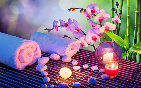 bambù, bokeh, candele, cuore, umore, orchidee, pietre, asciugamani, Sfondo HD HD wallpaper