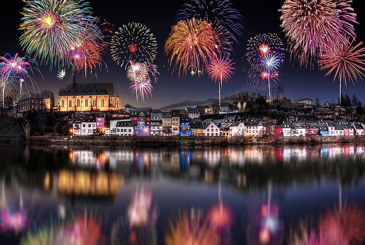 fireworks illustration, holiday, Germany, New year, fireworks, Saarburg, HD wallpaper