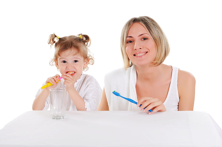 women's white tank top, teeth, cleaning, hygiene, mother, daughter, white, brush, HD wallpaper