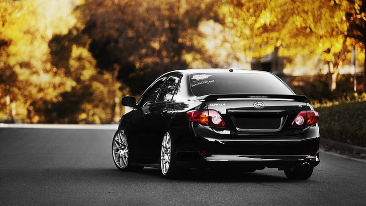 schwarze Limousine, Maschine, Tuning, schwarz, Toyota, Haltung, Corolla, Carolla, HD-Hintergrundbild