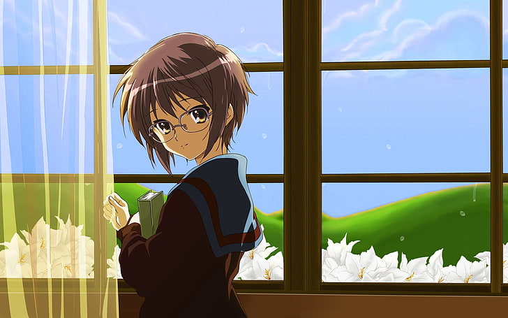 braunhaarige weibliche Anime-Figur, Mädchen, Pin-up, Fenster, Buch, Straße, HD-Hintergrundbild