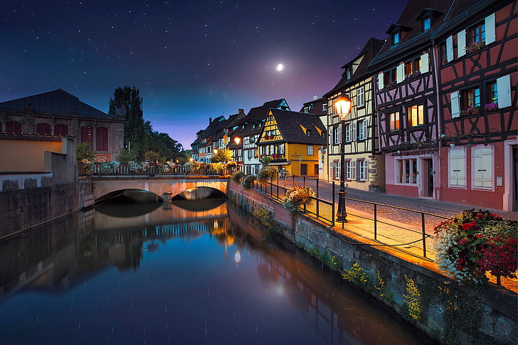 nuit, la ville, rivière, la lune, France, maison, étoiles, éclairage, canal, le pont, promenade, Colmar, Fond d'écran HD
