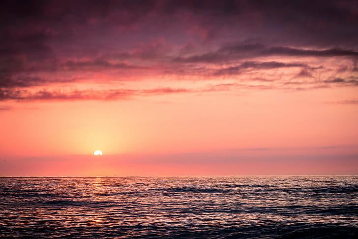 horizon, nature, ocean, salt water, sea, seawater, sunrise, sunset, water, HD wallpaper