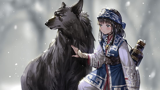 brown haired girl anime character illustration, fantasy art, anime, snow, wolf, winter, anime girls, original characters, HD wallpaper HD wallpaper