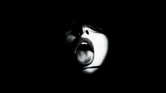 monokrom, mulut terbuka, sindiran, wanita, wajah, lidah, gelap, Wallpaper HD HD wallpaper