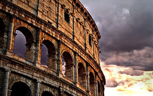 Coliseu, Roma, Itália, nuvens, crepúsculo, marrom Coliseu, Coliseu, Roma, Itália, nuvens, Crepúsculo, HD papel de parede HD wallpaper