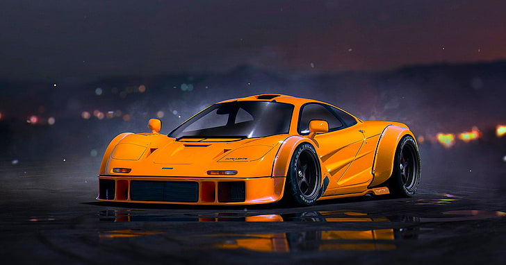 mobil sport kuning, McLaren, Orange, Tuning, Future, Supercar, Nigth, oleh Khyzyl Saleem, Wallpaper HD
