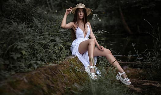  forest, grass, water, trees, pose, model, portrait, hat, makeup, dress, hairstyle, brown hair, legs, sitting, in white, nature, sexy, sandals, Hope, Andrey Frolov, Hope Zvezdochkina, HD wallpaper HD wallpaper