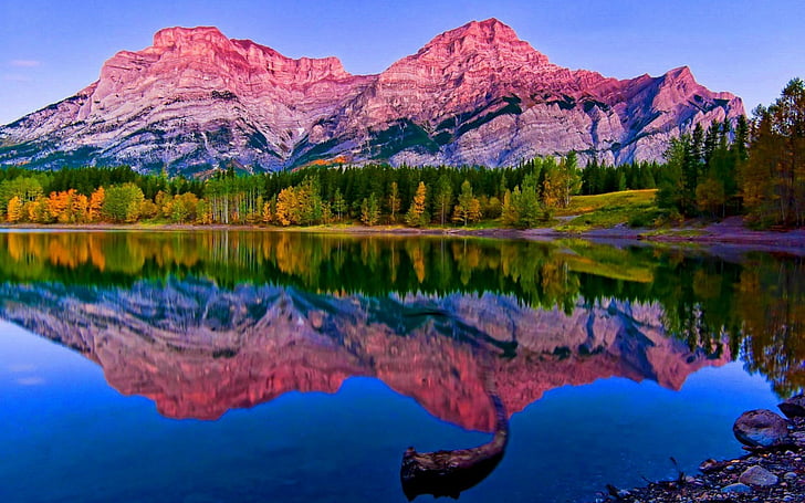 cloud, lake, landscape, mountain, nature, reflection, river, rock, tree, ultrahd, wallpaper, HD wallpaper