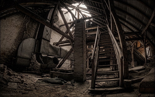 edificio antiguo, escaleras, oscuro, nostálgico, construcción, Fondo de pantalla HD HD wallpaper