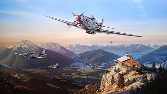сив боен самолет над кабина дигитален тапет, дигитално изкуство, северноамерикански P-51 Mustang, села, снежен връх, сняг, Втората световна война, HD тапет HD wallpaper