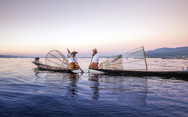 Cenário do por do sol dos pescadores do lago Inle de Myanmar, HD papel de parede