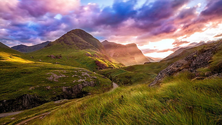 Шотландия, Highland Valley, планина, път, облаци, небе, залез, Шотландия, Highland, долина, планина, път, облаци, небе, залез, HD тапет