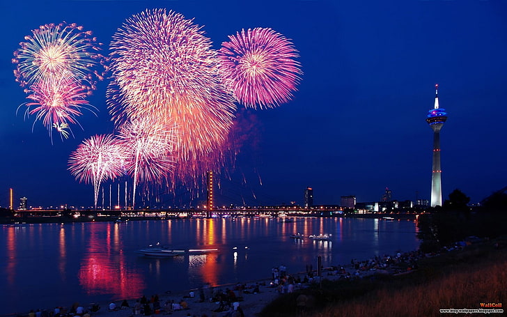 fireworks, lake, Düsseldorf, Germany, tower, HD wallpaper