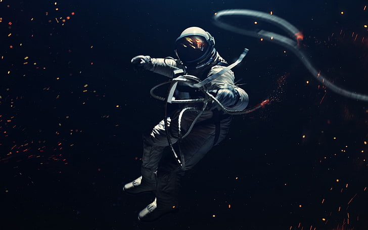 астронавт, държащ кабел дигитален тапет, астронавт, скафандър, дигитално изкуство, Вадим Садовски, космическо изкуство, HD тапет