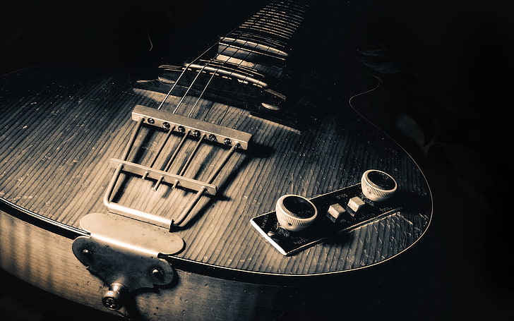 black stratocaster electric guitar, macro, music, guitar, HD wallpaper