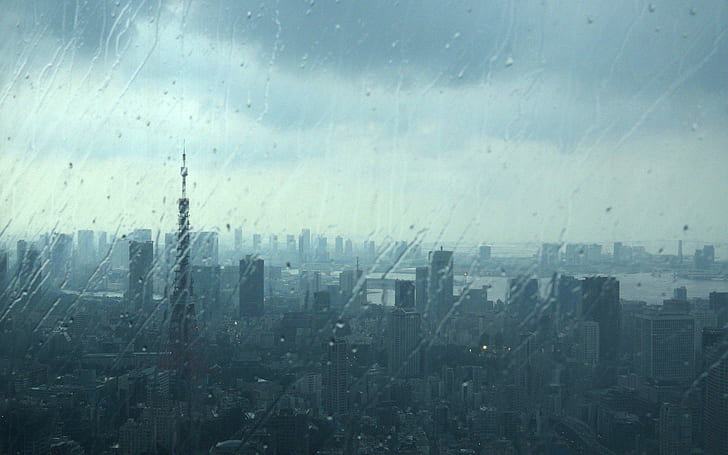 Japón Tokio Cityscapes Urban Water Drops Tower Rain Glass Fotos gratis, edificios de la ciudad mientras llueve, ciudades, paisajes urbanos, gotas, vidrio, japón, fotos, lluvia, tokio, torre, urbano, agua, Fondo de pantalla HD