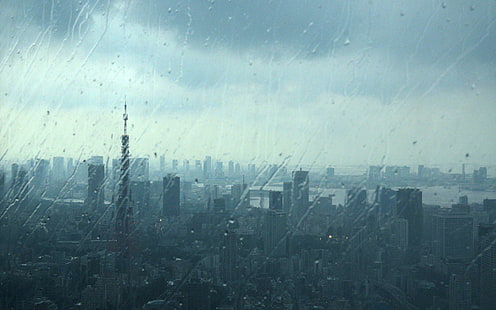 Jepang Tokyo Cityscapes Urban Water Drops Tower Rain Glass Foto-foto gratis, bangunan kota saat hujan, kota, cityscapes, tetes, kaca, jepang, foto, hujan, tokyo, menara, perkotaan, air, Wallpaper HD HD wallpaper