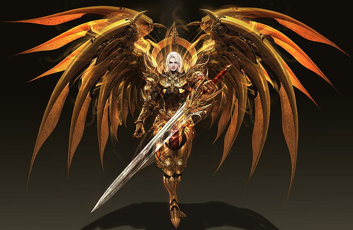 Fantasi, Angel Warrior, Armor, Man, Sword, White Hair, Wings, Wallpaper HD