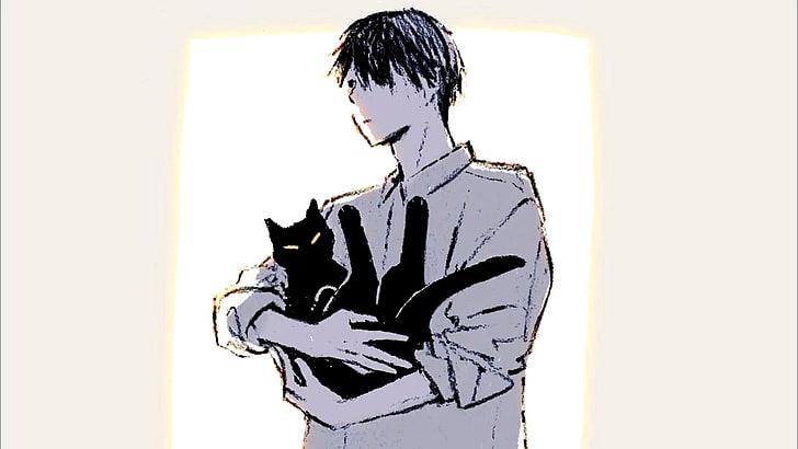 Anime Kunst, Anime Junge, Anime Kerl, Katze, Katze zurück, HD-Hintergrundbild